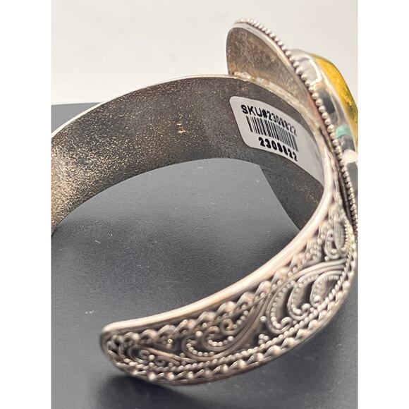 Indonesia Sterling Silver 925 Filigree Large Oval Gold Drusy Cuff Bracelet 41.5g - Picture 4 of 9